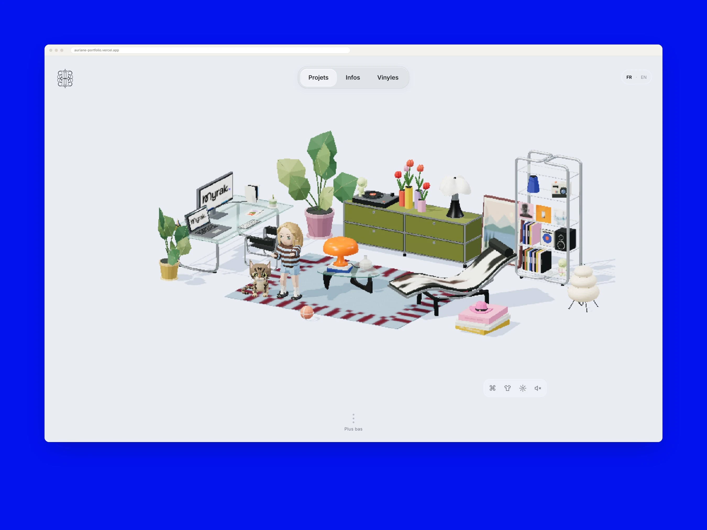 Studio 3D d’Auriane avec bureau, plantes, vinyles et objets de design