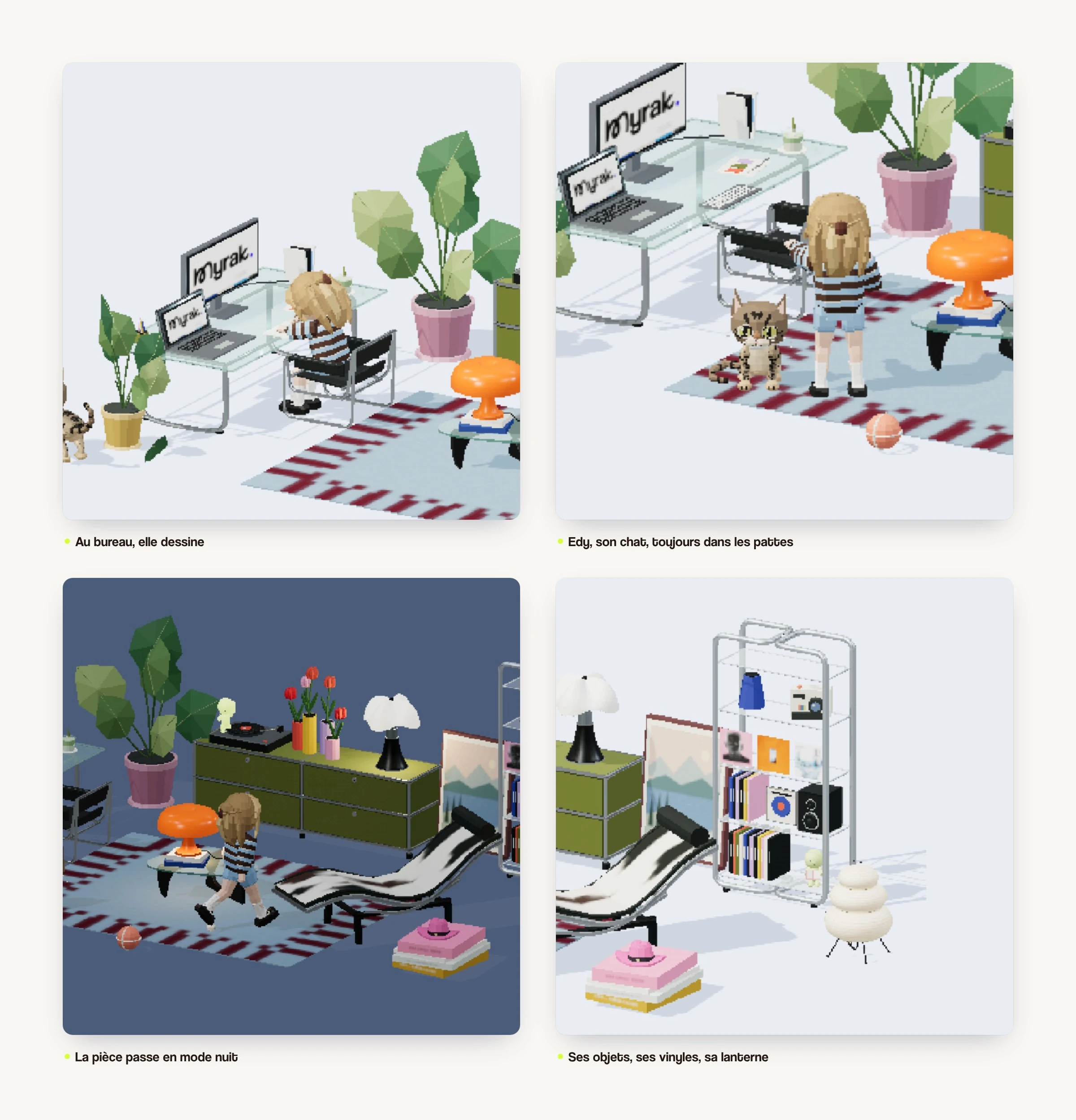 Quatre interactions du studio : dessiner, jouer avec Edy, éclairer la pièce et écouter un vinyle