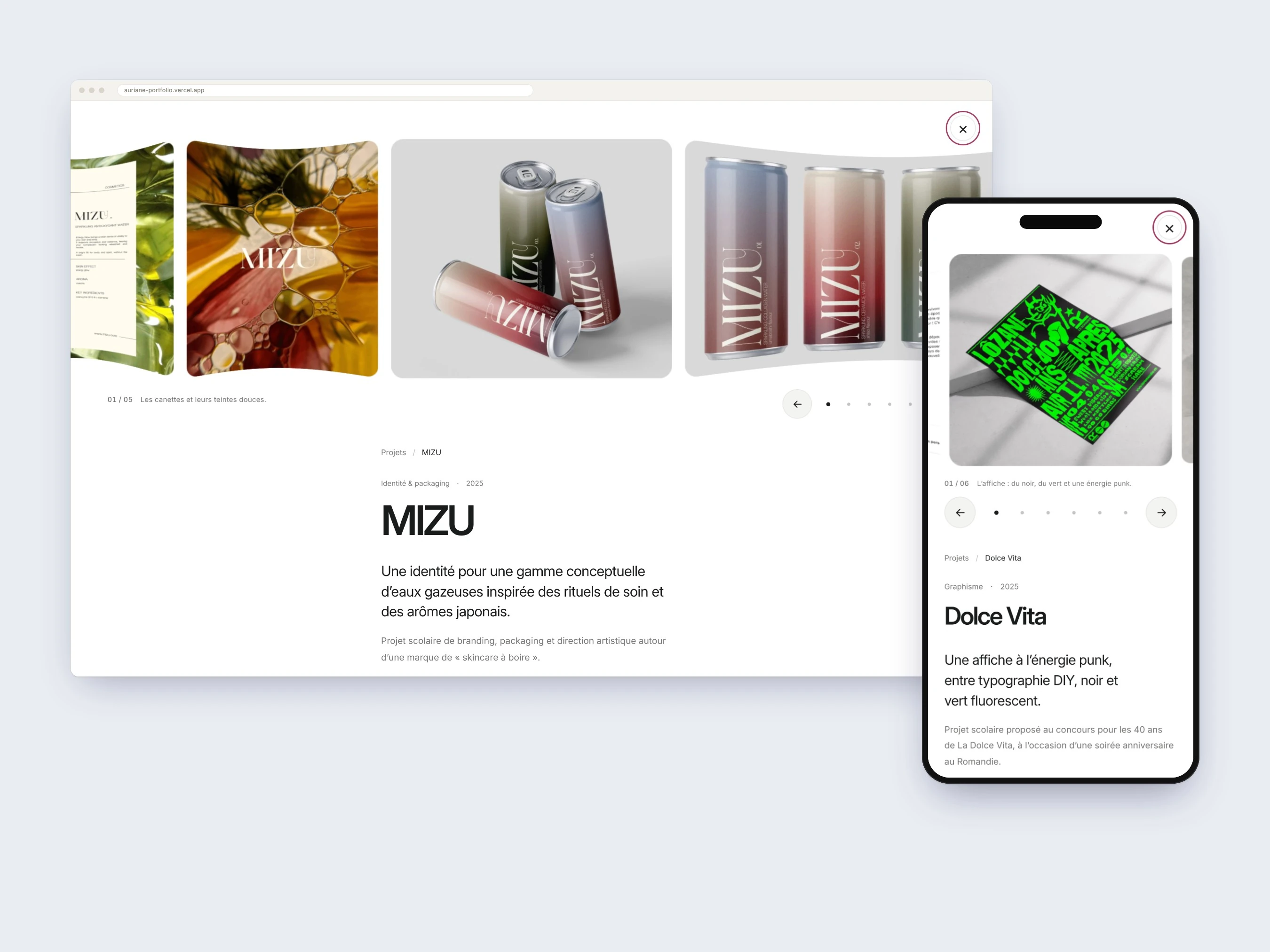 Projektseiten von MIZU und Dolce Vita mit Galerien und Beschreibungen