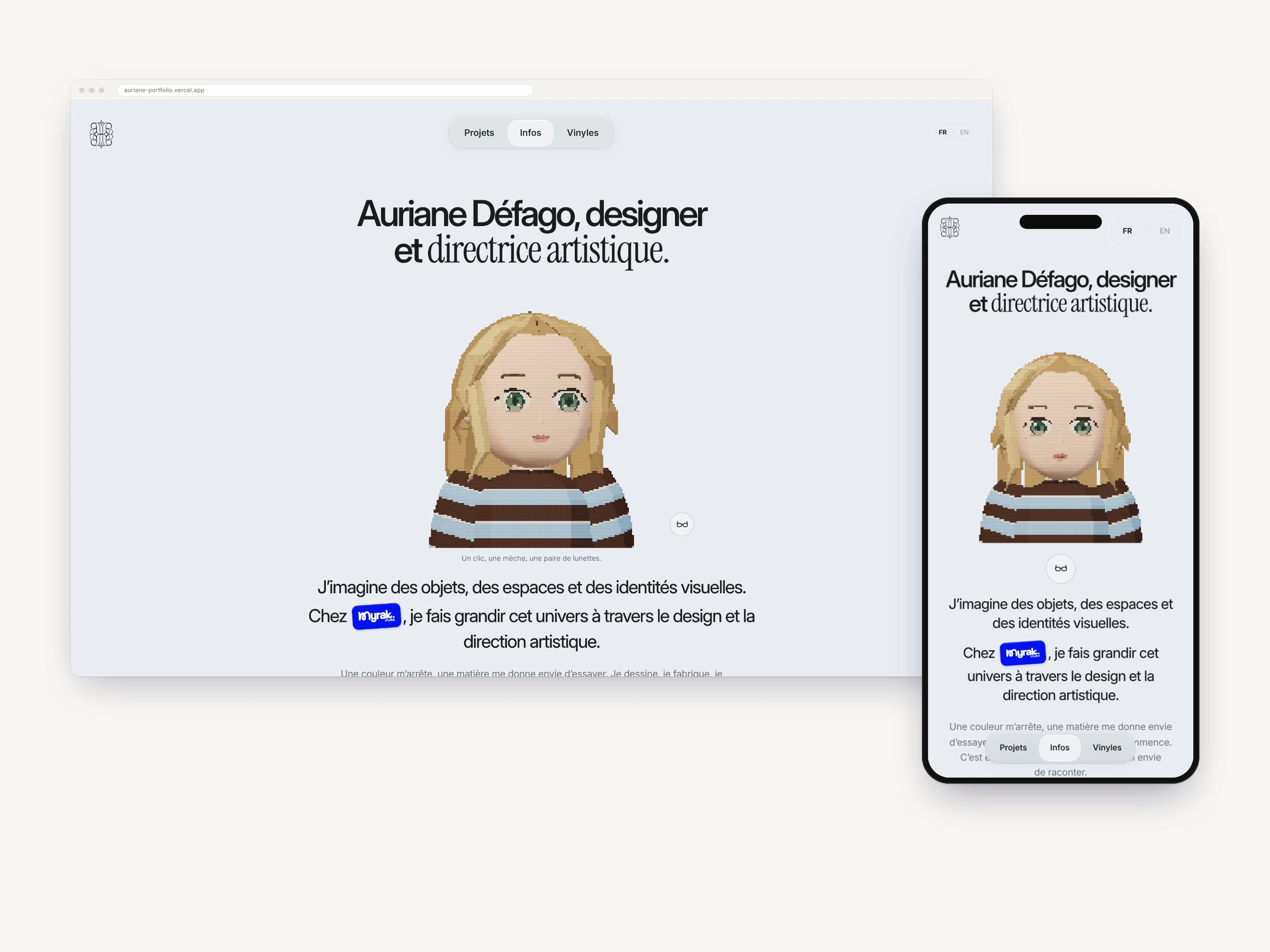 Infoseite mit Aurianes 3D-Porträt auf Desktop und Mobilgerät